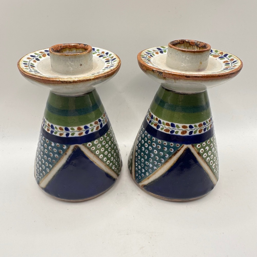 Erandi Tonala Mexico Pottery Candlestick Holder Hand Painted Stoneware 5.5in
